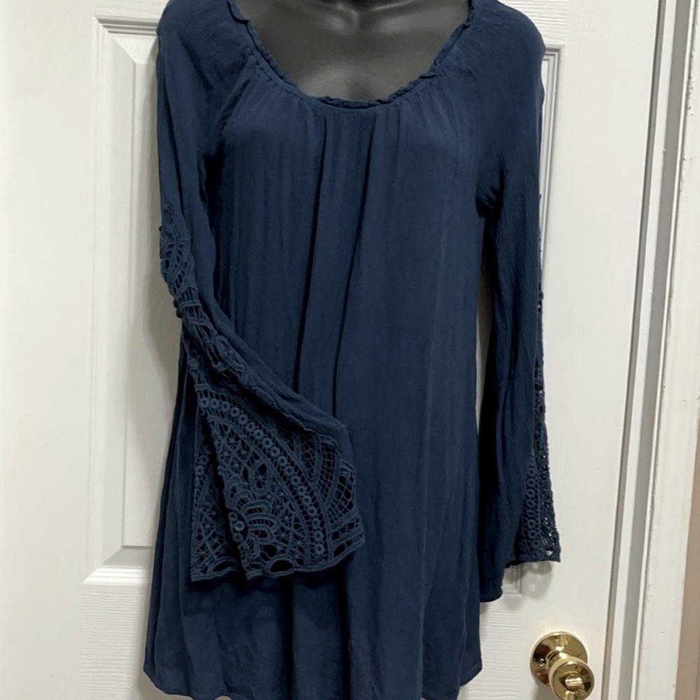 Blu-Pepper Vintage Navy Blue Boho Blouse with Embroidery